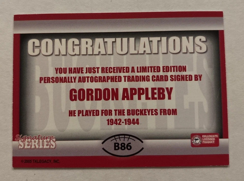Campeón Nacional TK Legacy 1942 2005 autógrafo Gordon Appleby OSU B86 Foto 2 de 2