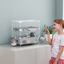 PawHut 2-Tier Hamster Cage, Hamster Habitat with Accessories, Gray