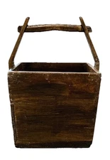 Rustic Wooden Basket Antique Asian Rice Harvest Bucket Primitive Container