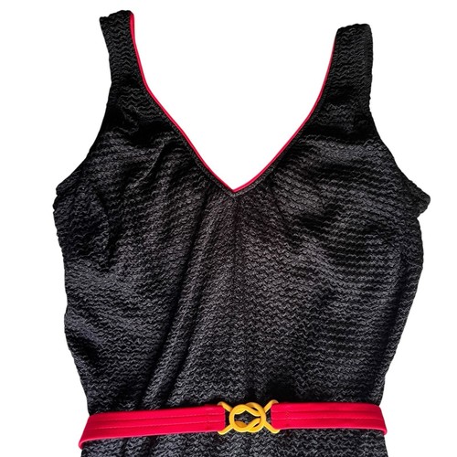 Retro 80s Jantzen Black Red Belt Bathing Suit Swim Ruched Texture Sporty Beach - Bild 3 von 10