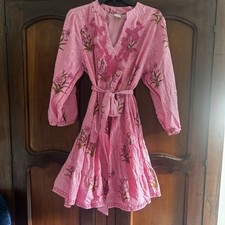 Sister Mary Dress Striped Floral Embroidered Mini Shift Boho Womens L Belt Pink
