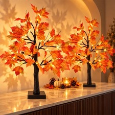 2 Pack Lighted Maple Tree 20 Inch 48LED Fall Artificial Tree for Thanksgiving...