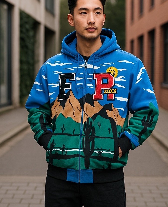 Felpa con cappuccio prima fila stampa puff uomo montagna full zip Varsity patch blu media