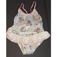 Vintage Catalina Girls Swimsuit White Pink Lemonade Cat Print Ruffle Bow 1PC