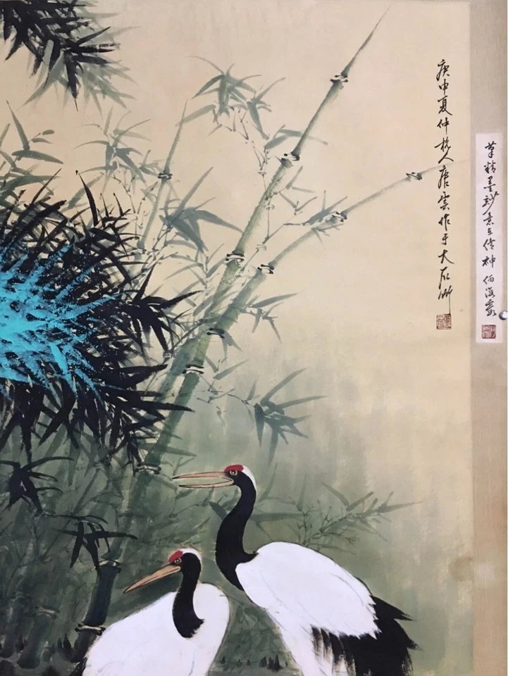 Antiguo pergamino colgante chino pintado a mano de grúa y bambú de Tang Yun Foto 2 de 4