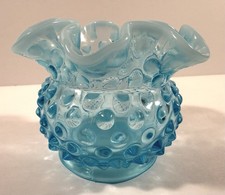 Fenton Aqua Blue Opalescent Hobnail Glass Vase Ruffled Edge 4 Handblown Vtg