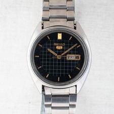 Vintage Seiko 5 Auto 6309A Black Grid Dial English/Arabic Gold Accents Men Watch