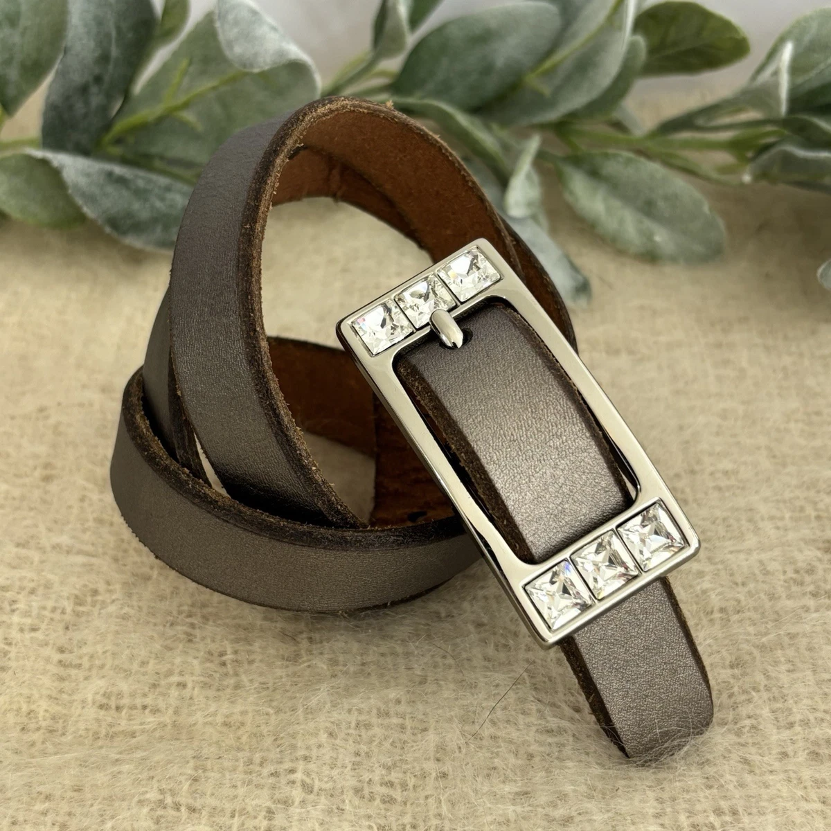 Fossil Womens Lather Belt Silver Metallic Square Rhinestone Buckle Bling Sz L Fossil Rhinestone Belts for Women for sale | eBay main image 2