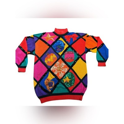 Vintage IB Diffusion Colorful Sequin Christmas Patchwork Sweater Womens Large