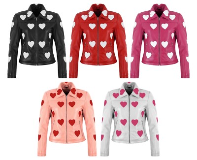 Damen Lederjacke mit Kragen und Leder Herz Patches tailliert Mode Jacke
