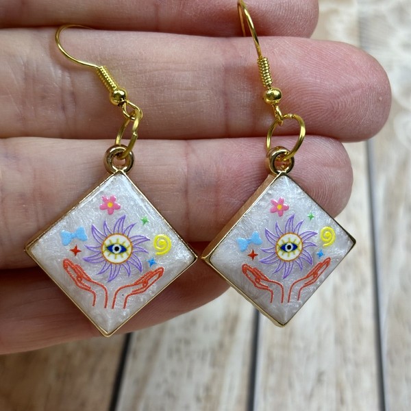 Alternate view of Evil Eye Sun Mudra Hook Dangle Earrings Gold Plated Womens Symbol Jewellery New