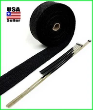 BLACK EXHAUST HEADER WRAP PIPE HEAT TAPE 2" X 25 FEET STAINLESS STEEL TIES KIT