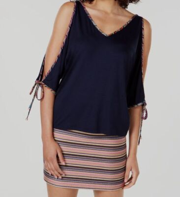 Trina Turk Women's Blue Madagascar Contrast-Trim Split Sleeve Top Size XL