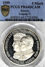 Deutsche States Sachsen 1909 5 Marke Münze Taler Thaler PCGS Pr 64 DCAM Beweis