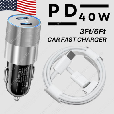 Dual USB Type C PD 40W Fast Car Charger Adapter For iPhone 15 Pro 16 Plus Cable