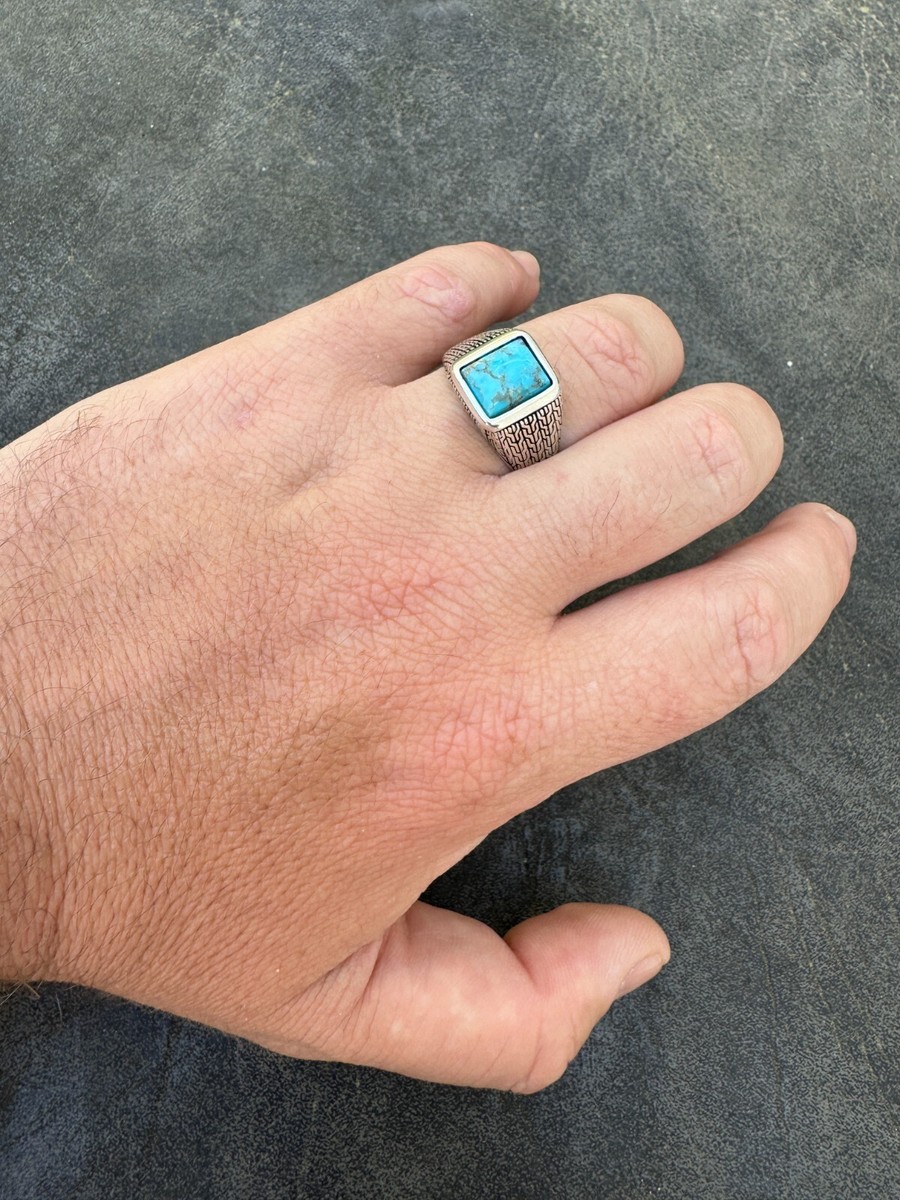 Blue Turquoise Mens Real Solid 925 Silver Navajo Native