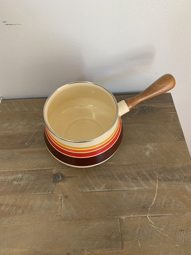 Vintage Fondue Pot Made In Japan Enamel Wooden Brown And Orange Stripes No Lid - Picture 3 of 5