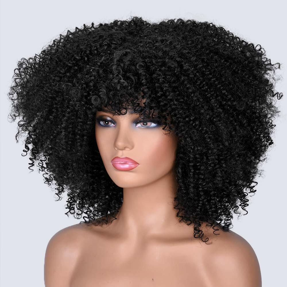 Curly Afro Wig with Bangs Short Kinky Curly Wigs for Black Women Black