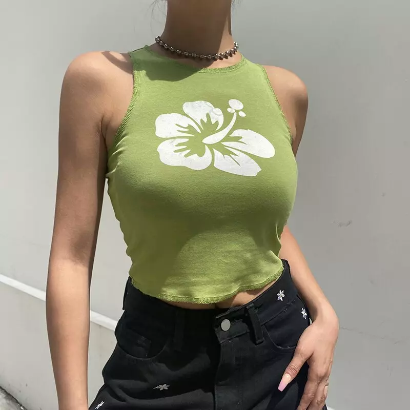 Y2K Aesthetic Floral Knitted Super Short Green Crop Top