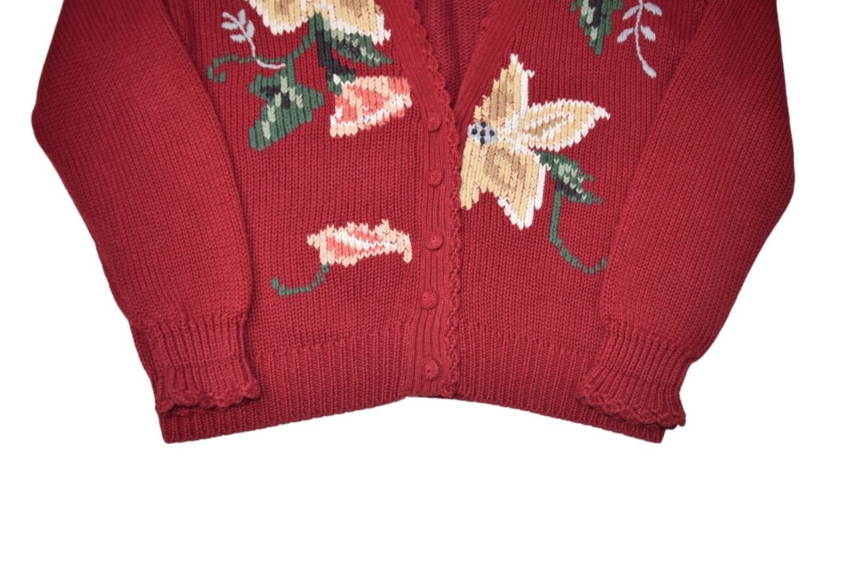 【GRAVER】21FW★ Red Flower Smile Embroidered Cardigan Flower smile knit zipper cardigan - GRAVER | 60% - Asian