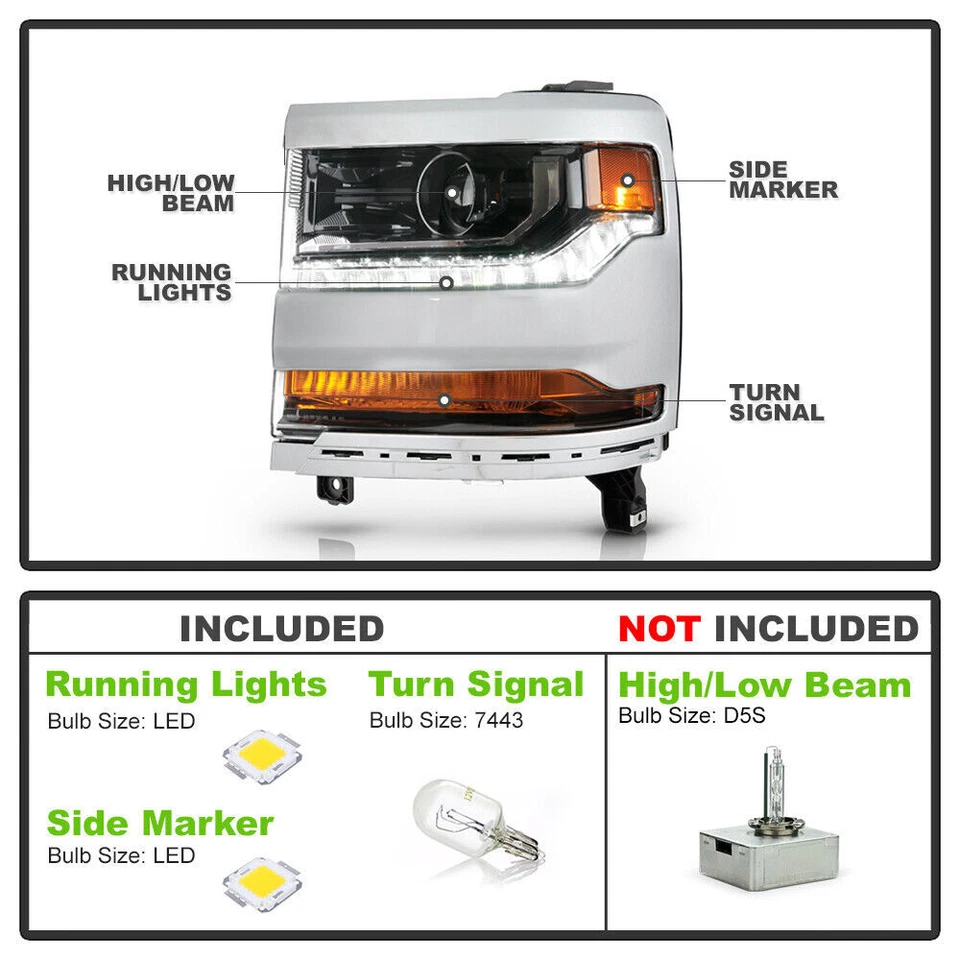 ✅ Faros proyectores LED DRL xenón HID cromados para Chevy Silverado 1500 16-18 Foto 2 de 4