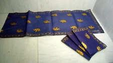 India Decorative Table Runner cloth Wedding Gold Blue Elephant &3 Napkins Sheer