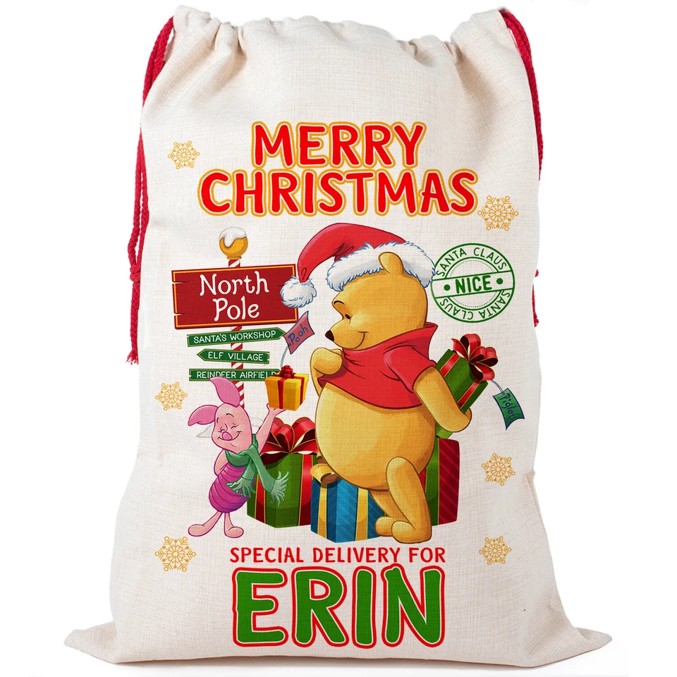Personalised WINNIE THE POOH Christmas Sack Boys Girls Gift Present Bag NS035