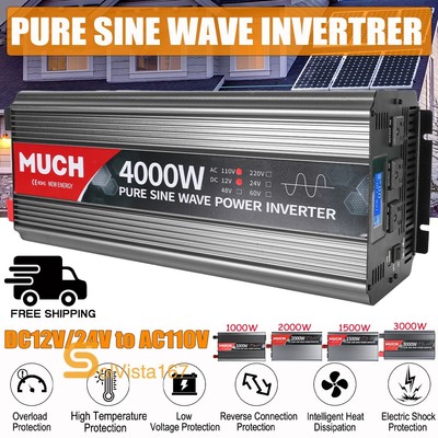 4000W Power Inverter LCD Pure Sine Wave DC 12V/24V to AC 110V Off-Grid Converter
