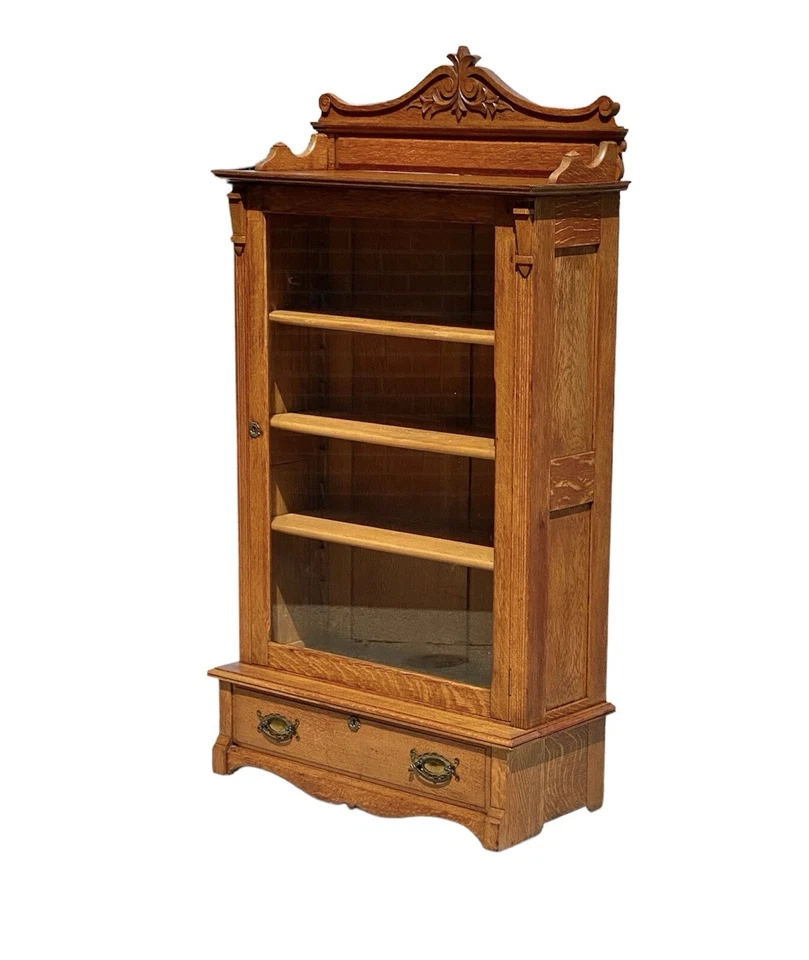 ANTIGUA LIBRERÍA VICTORIANA ROBLE TIGRE PUERTA ÚNICA / GABINETE DE PORCELANA CON PUERTA DE VIDRIO Foto 4 de 4