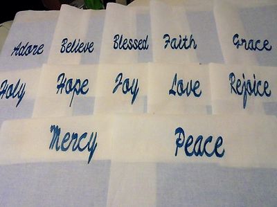 ''THINK POSITIVE'' Set of 12 Embroidered Words on Quilt Blocks-Assorted Colors