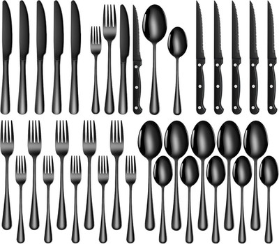 TAN REN Besteck Set Schwarz 6 Personen,36-Teiliges Edelstahl Besteckset Schwarz 