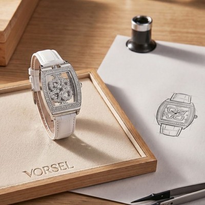 VORSEL Womens Silver Watch Rotating Dial Snowflake Crystal Hollow Design
