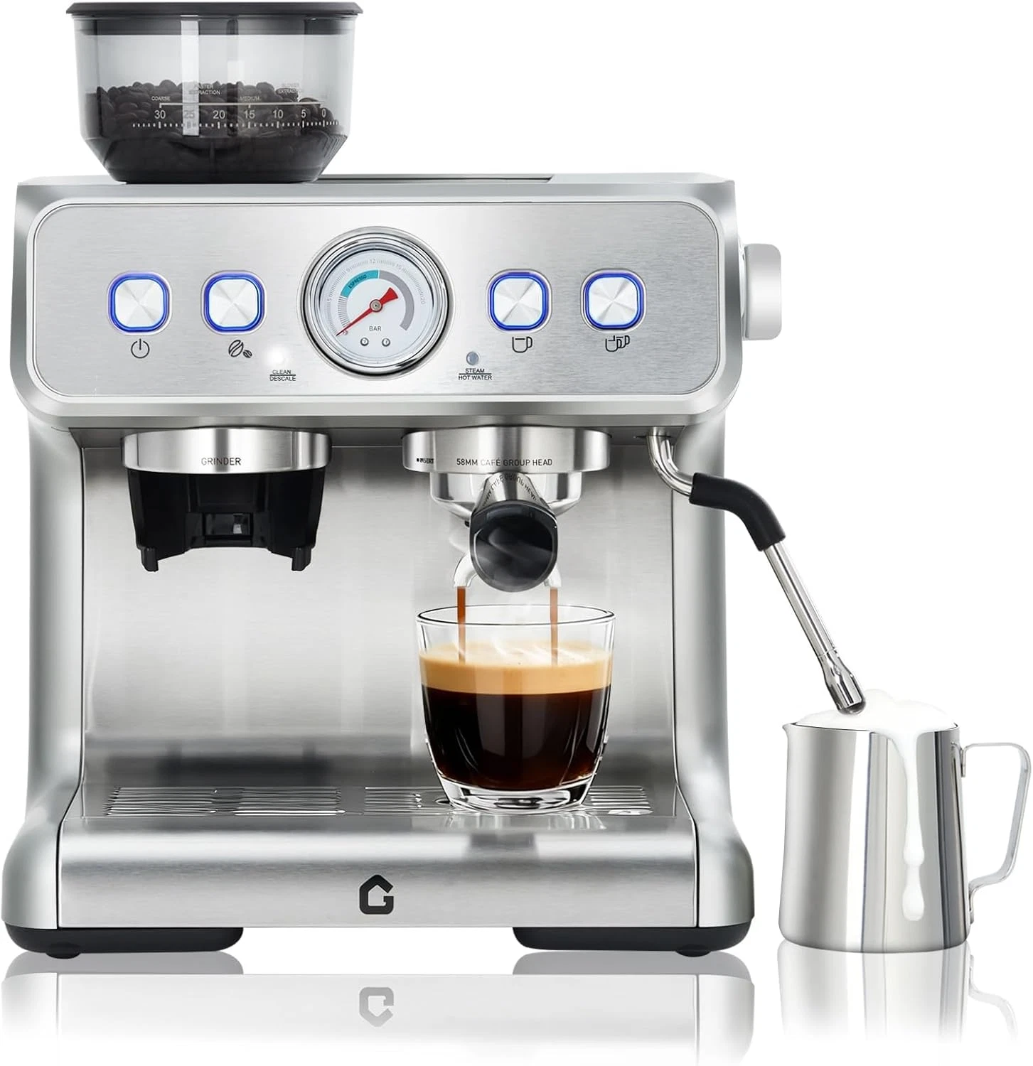 Professional 20 Bar Espresso Machine with Grinder & Milk Frother, 30 Settings