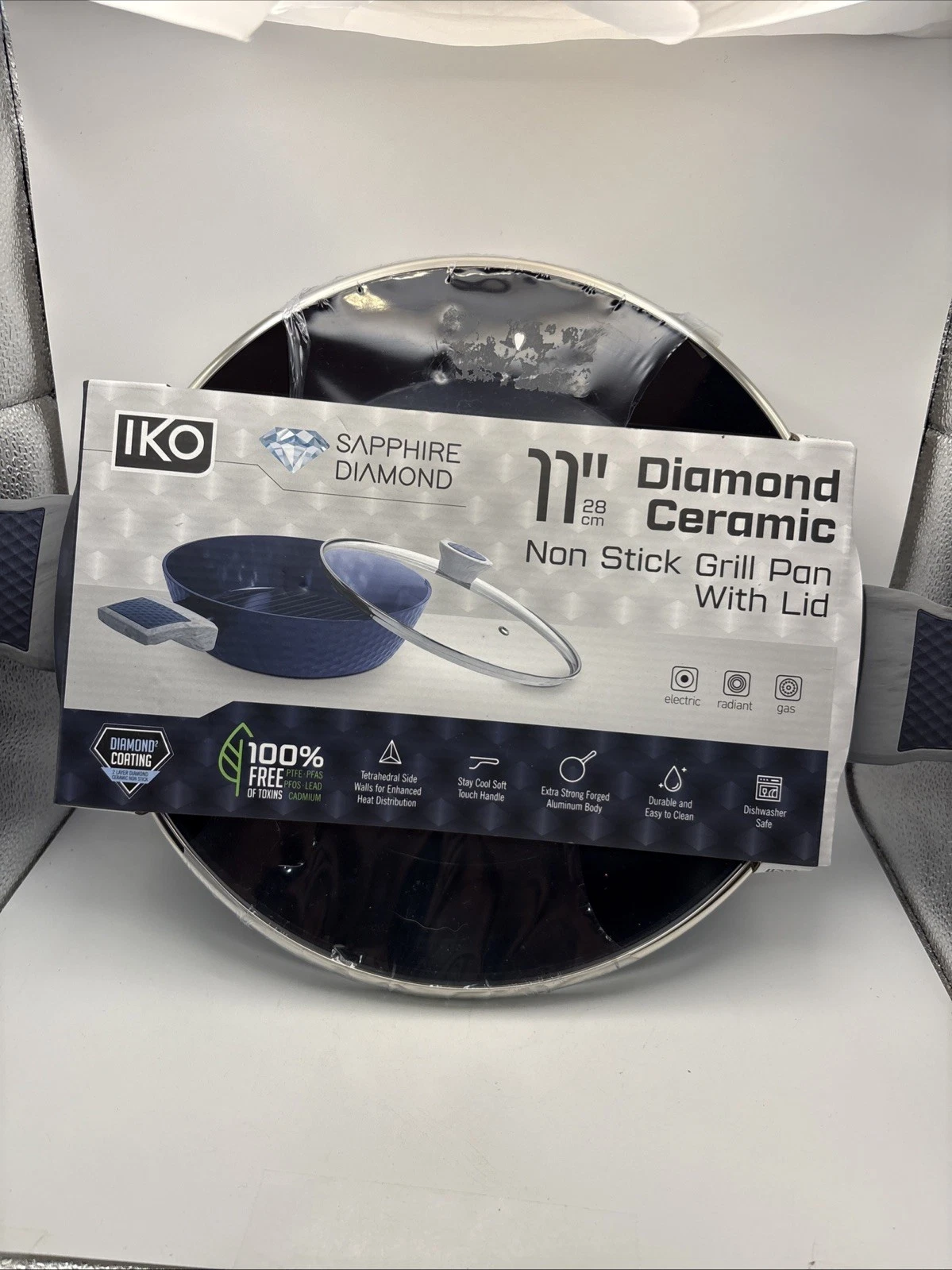 NEW IKO 11” Diamond Ceramic Non Stick Grill Pan With Lid 100% Free Of Toxins
