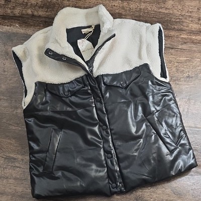 HEM & THREAD Black Puffer Lets Get Lost Vegan Vest  Cream Sherpa Collar Sz L