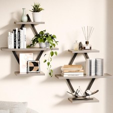 Floating Shelves Wall Mounted 3Tier Hanging Storage Organizer Gray 2 PCS