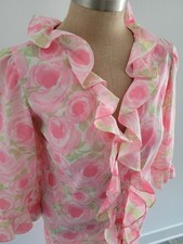Vintage 1970s Pink Rose Print Ruffly Robe House Coat Med