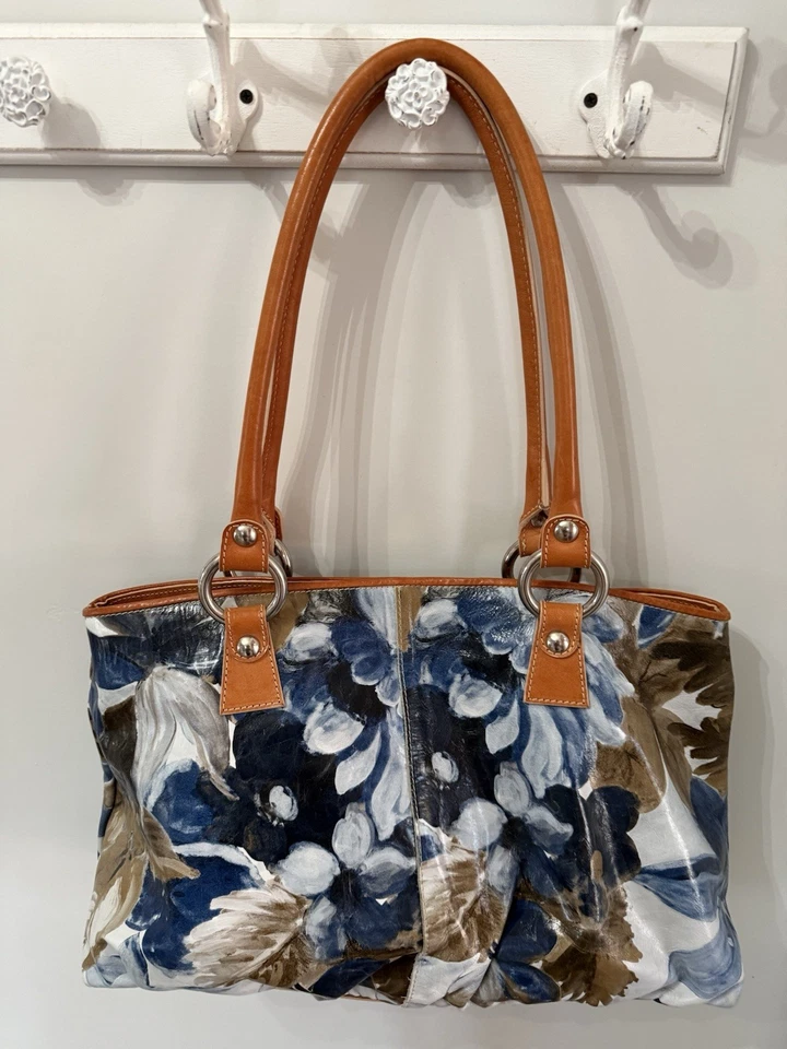 Bolso Cartera Maurizio Taiuti Lg 18hX12W X5 Precioso Pintado Floral Cuero Italiano Foto 2 de 3