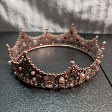 Rose Gold Metal Jeweled Crown Tiara Headband with Faux Pearls