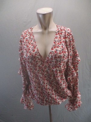 Max Studio Size L Womens Multicolor Floral V Neck Ruffle Long Sleeve Top 954