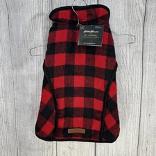 Eddie Bauer Dog Coat Large Buffalo Plaid Black/Red Fleece Lined Jacket 35-65lb