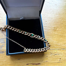 Gold Tone Curb Link Chain Bracelet, Round Green Stones, Box Clasp Safety Chain