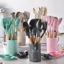 12 PCS Silicone Kitchenware Utensil Set with Wooden Handle  Holder Green