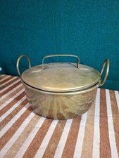 antique vintage Brass Cauldron Pot Cooking with lid two handles 