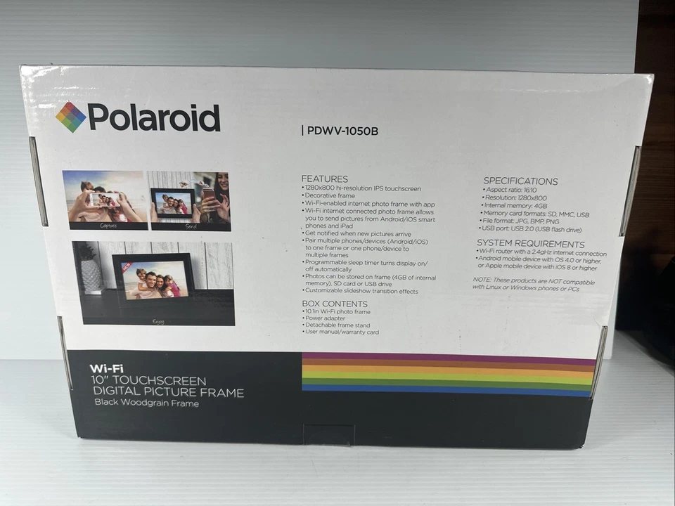 Polaroid 10" Wi-Fi Digital Picture Frame Black Wood Touchscreen PDWV-1050B - Image 2 of 2