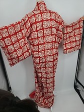 Vintage Red Silk Kimono Robe Asian Landscape Novelty Print Scenes