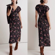 MADEWELL Midi Dress Women 0 Black Floral NEW Cap Sleeve Body-Skimming NO090