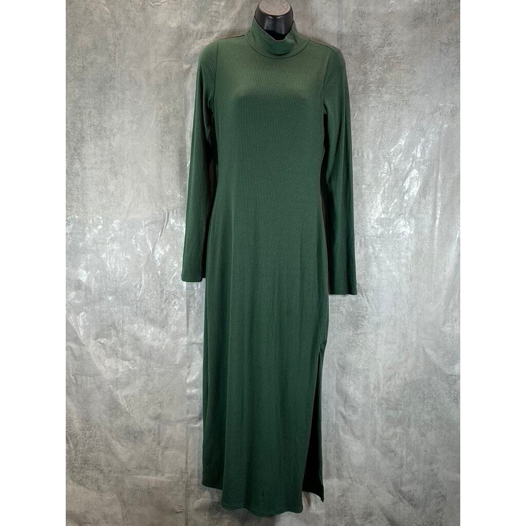 AND NOW THIS Women's Dark Green Ribbed High-Neck Side-Slit Long-Sleeve Dress  | eBay