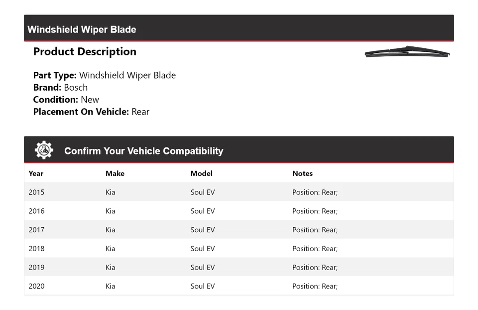 Limpiaparabrisas trasero Bosch para Kia Soul EV 2015-2020 2016 2017 2018 2019 Foto 2 de 4