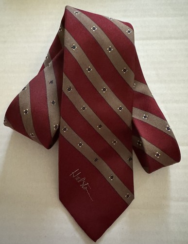 Vintage Halston Men’s Necktie Tie, Logo, Burgundy, Navy, Taupe Striped 80’s NYC